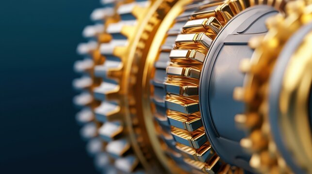 Futuristic golden engine fueled by economic sectors, optimized efficiency concept