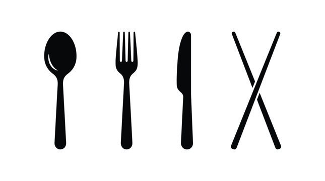 Black silhouette icons of a spoon a fork a knife and crossed chopsticks arranged in a clean row for this professional kitchen and dining themed image