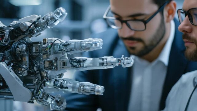 Research on robotic hand technology in a modern lab setting with engineers on site
