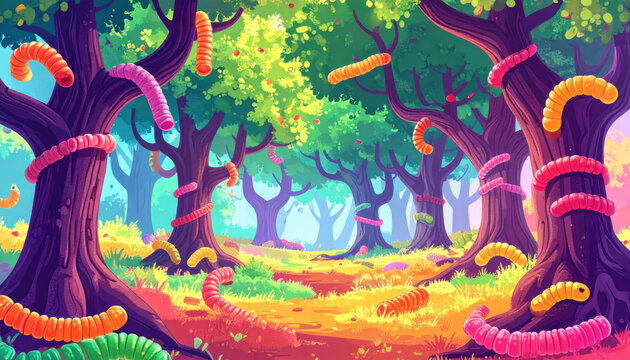 Whimsical candy forest with trees bearing intertwined sour worm branches and a vibrant, dreamlike atmosphere.