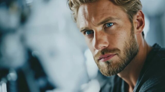Close-up shot of a young man in an indoor setting with natural light in the background while he looks thoughtfully away