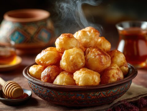 Traditional Kazakh Baursaks Golden Fried Dough Balls on Rustic Tea Table