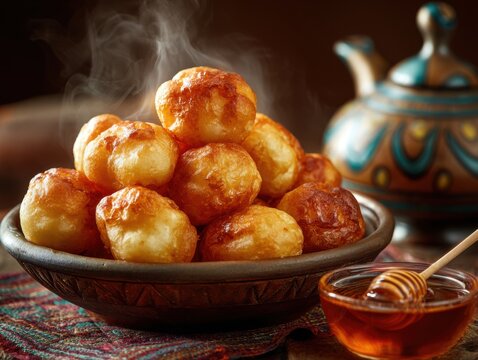 Fresh Kazakh Baursaks Fried Dough Balls Served Hot in Bowl with Traditional Tea