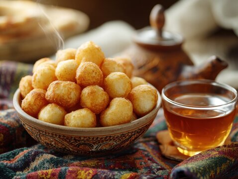 Traditional Kazakh Baursaks Fried Dough Balls with Tea in Cozy Rustic Setting