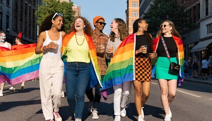 Obraz premium Diverse Group Celebrating Pride Parade with Rainbow Flags