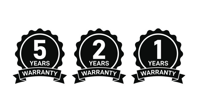Three black circular warranty badge icons featuring five two and one year guarantee labels for commercial product protection and quality assurance presented in this professional photograph