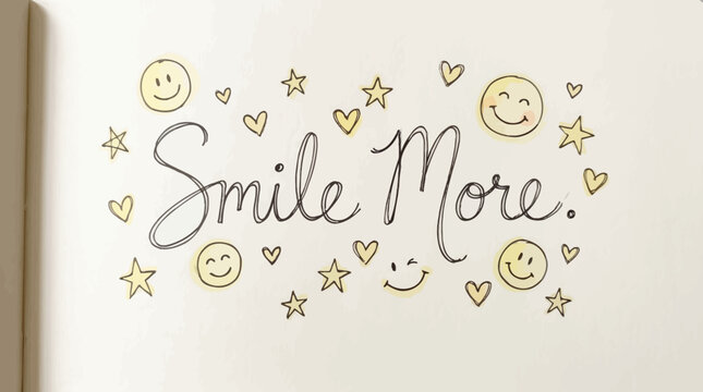 Hand-drawn 'Smile More' message adorned with cheerful emojis, hearts, and stars, promoting happiness and positive vibes on a textured paper background