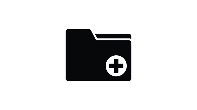 This digital image shows a minimalist black folder icon featuring a bold addition symbol which represents the creation of new files within a modern computer system
