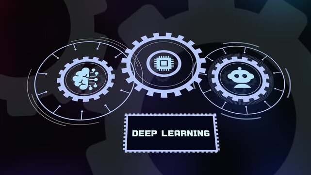 Futuristic hud interface background featuring deep learning network concept with digital gears and artificial intelligence icons.