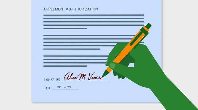 Hand signing an agreement and authorization document with a pen, contract