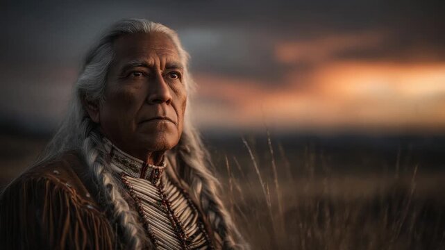 Elder man with long hair stands in field during sunset, reflecting on life and culture in a serene setting