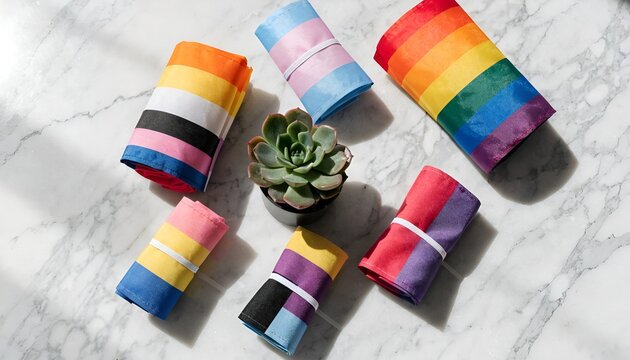LGBTQ+ Pride Flags & Succulent Arrangement on Marble Surface, Diversity Symbols