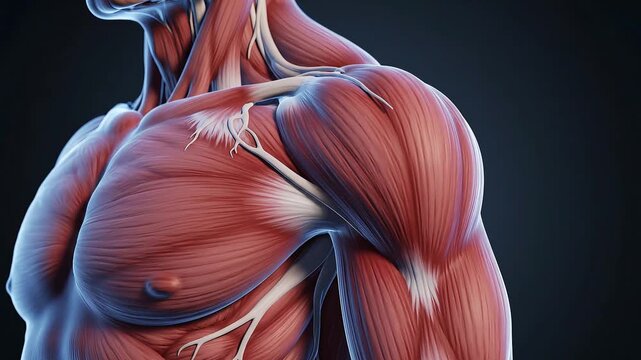 Detailed 3D rendering of human deltoid, showcasing the complex anatomy of the shoulder, chest, and arm muscles, for human muscular system education.