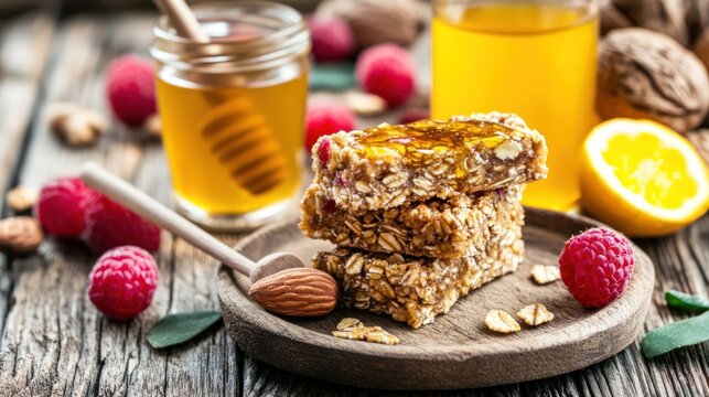Three homemade granola bars drizzled with honey, raspberries, almonds, and walnuts.