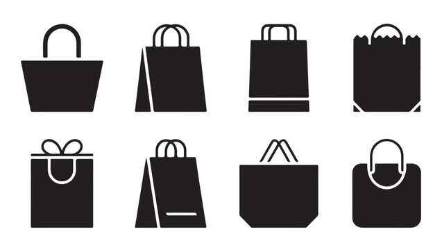 Collection of black shopping bags icons, including various shapes and gift package design.