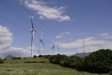 A landscape with numerous wind turbines, typically used to generate renewable energy. High-voltage transmission lines and pylons run alongside the wind farm, necessary for connecting renewable energy  © Anatoliy