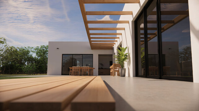Modern patio, outdoor living space, wooden deck, contemporary house, backyard