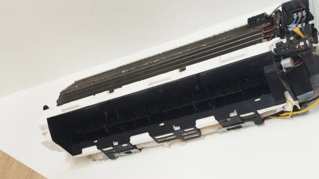 Dirty air conditioner split system wall unit needing urgent maintenance, showing exposed internal evaporator coil fins and wiring during a repair service or deep cleaning process