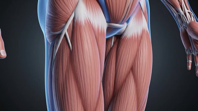Detailed 3D rendering of human quadriceps muscles, showcasing anatomical structure and muscular system, for human muscular system education.