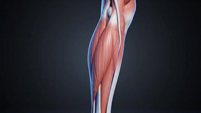 Detailed 3D anatomical rendering of the human calf muscles, showcasing the complex muscular and skeletal structures against a dark background, for human muscular system education.