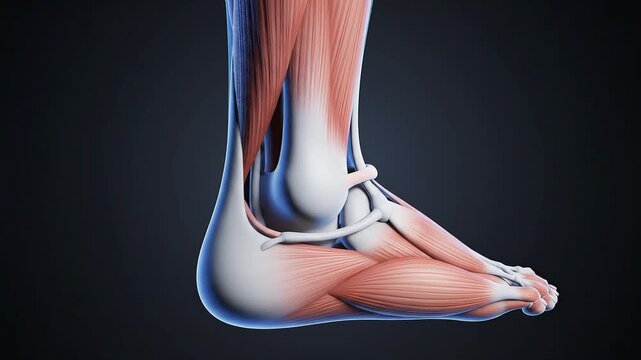 Detailed anatomical illustration of the human ankle and foot showing bones, muscles, and ligaments in a scientific context.