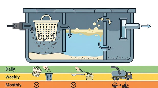 Flat Vector Grease Trap Cleaning Procedure for Restaurants &ndash; Daily Weekly Monthly Maintenance Steps Diagram