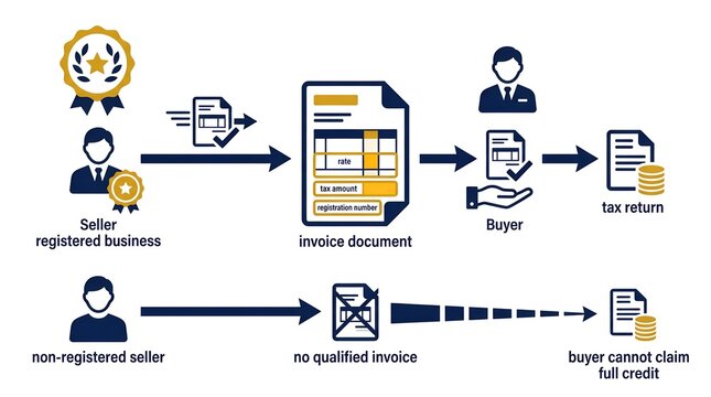 Flat Vector Qualified Invoice System Transaction Flow &ndash; Seller Registration Tax Credit Buyer Claim Process