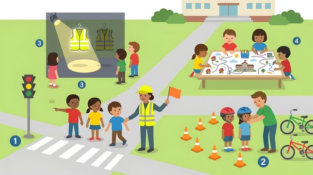 Flat Vector Elementary School Traffic Safety Class Program &ndash; Crosswalk Signal Bicycle Rules Visibility Vest