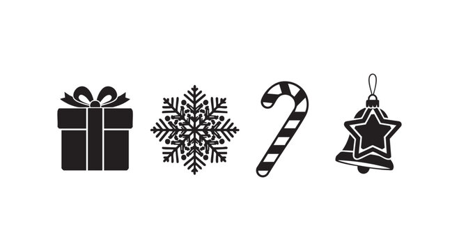 Christmas holiday icons featuring gift box snowflake candy cane and festive bell ornament.