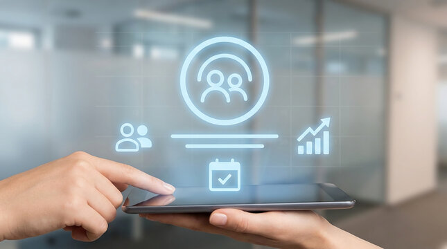 Future of business Hands interact with a tablet displaying holographic icons for team, planning, and analytics