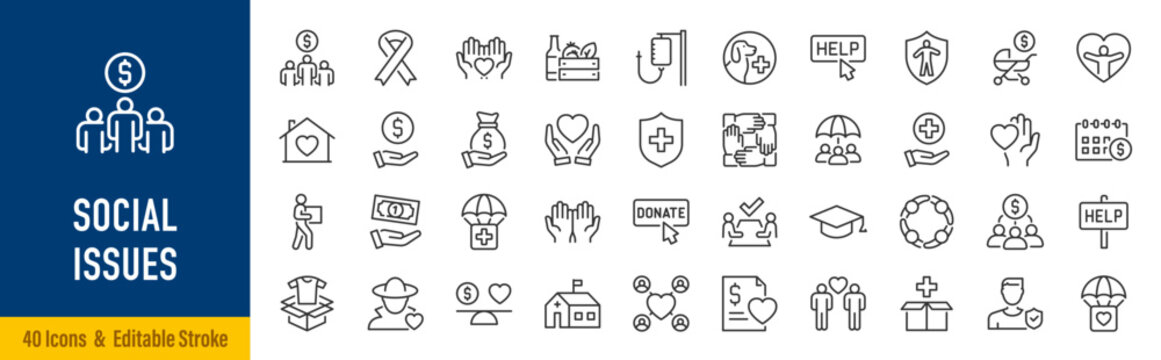 Social Issues web icons in line style. Racial justice, climate, mental health, poverty, deforestation, poverty, refugee, economic crisis, food insecurity, collection. Editable stroke. Vector