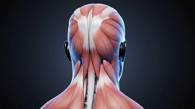 Detailed anatomical rendering of human neck and upper back muscles from behind, showing muscle structure, for human muscular system education.	
