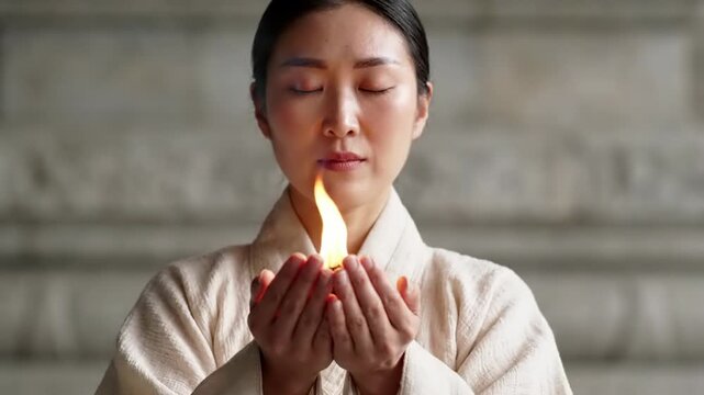 Serene Asian woman holds small flame between cupped hands, eyes closed in meditation, soft focus background, symbolizing hope, inner peace, and spiritual enlightenment