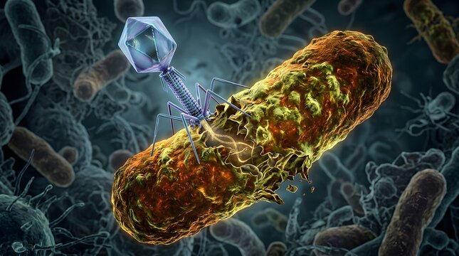 Bacteriophage attacking bacterium showing genetic material injection, microscopic world of viral infection, bacterial cell being destroyed by virus, detailed 