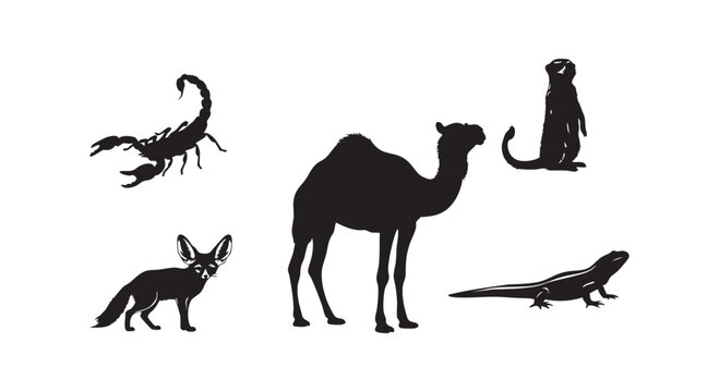Desert animals set: scorpion, camel, fennec fox, meerkat, and lizard silhouettes on white background illustration.