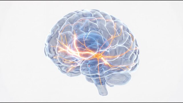 Human brain with active neural network glowing on white background