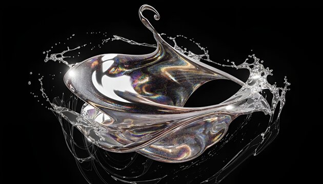 Abstract Liquid Sculpture with Water Splash, Metallic Iridescent Fluid Dynamics