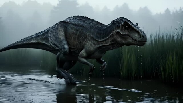Massive dinosaurs walking through a misty prehistoric swamp at dawn