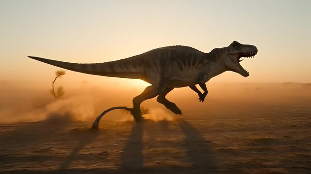 Tyrannosaurus rex dinosaurs running through the desert at sunset