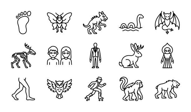 Mythical Creatures and Cryptids Icons Set, Bigfoot, Mothman, Dinosaur, Loch Ness Monster, Bat