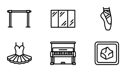 Ballet Icons Set, Dance Studio Elements, Music Piano, Performance Tutu, Pointe Shoes, Studio Mirror © Tanvir