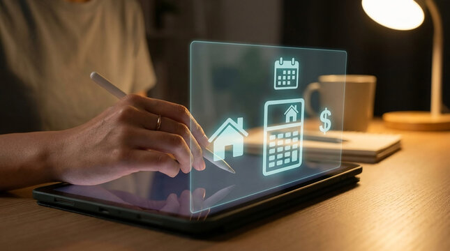 Digital financial planning and budgeting with a tablet, showcasing icons of home, calendar, and calculator for smart money management