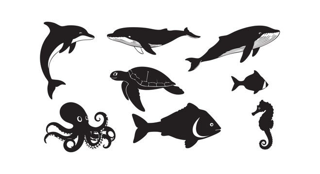 Marine life set containing aquatic creatures like dolphin whale sea turtle octopus fish and seahorse in black shape.