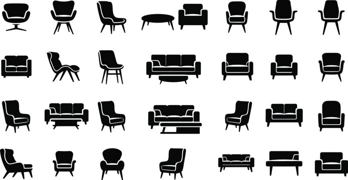 Set of black silhouette furniture icons featuring various armchairs sofas and coffee tables for interior design projects vector illustration