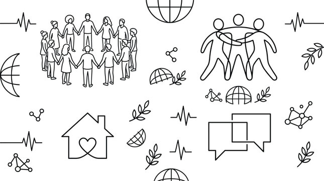 Community support vector elements with people circle hugging home heart network speech bubbles global line art illustration set