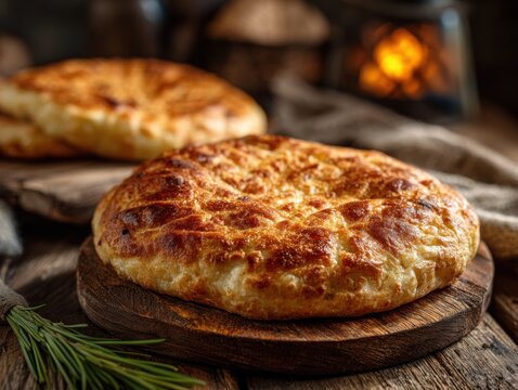 Golden Kazakh Taba Nan Bread on Wooden Board, Traditional Homemade Central Asian Flatbread