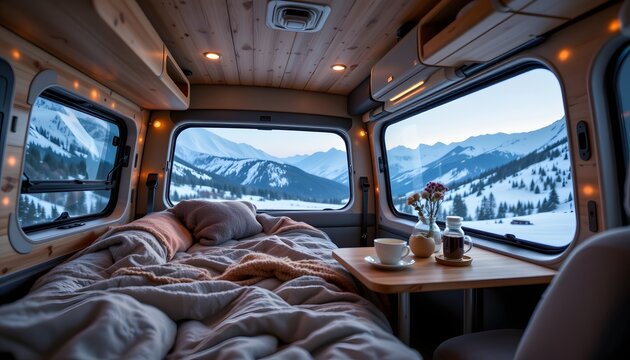 winter ready camper van interior, insulated walls, warm bedding, hot beverage setup, panoramic snowy mountain view through windows, realistic lifestyle photography