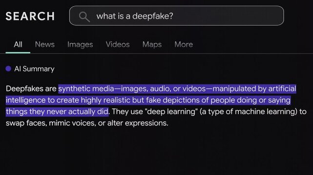 Deepfake Explained - AI Search Engine Text Animation - Documentary Style Dark Mode UI