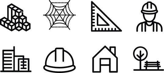 Naklejka premium Construction and Engineering Icons Collection, Building Industry Symbols Set, Modern Outline Vector Illustration Design Artwork