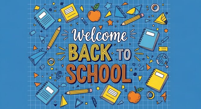 Welcome back to school background with school supplies and grid pattern